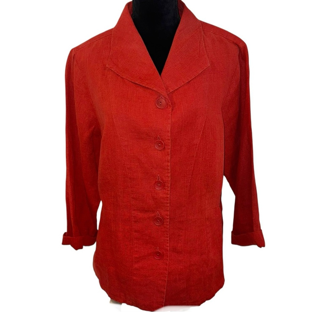 Flax Rusty Orange Button-Front Linen Blazer Size Medium Boxy Cut